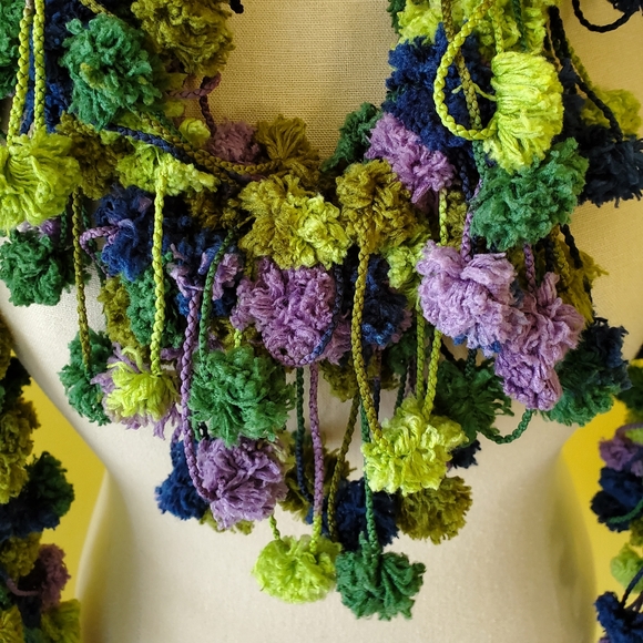 Crocheted Green and Purple PomPom Loop Scarf/New - Picture 3 of 3